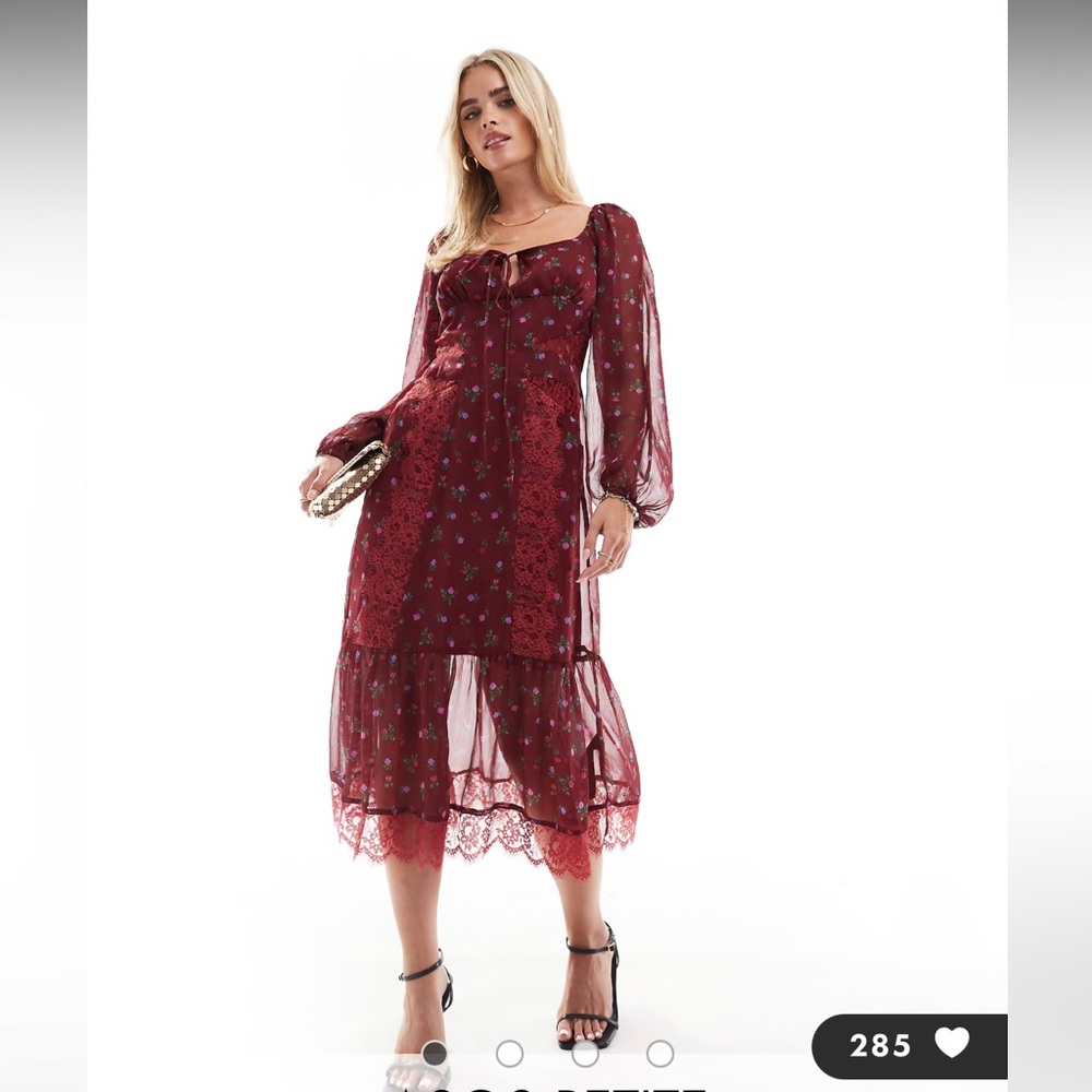 Long sleeve tie front midi dress with lace inserts in burgundy ditsy floral